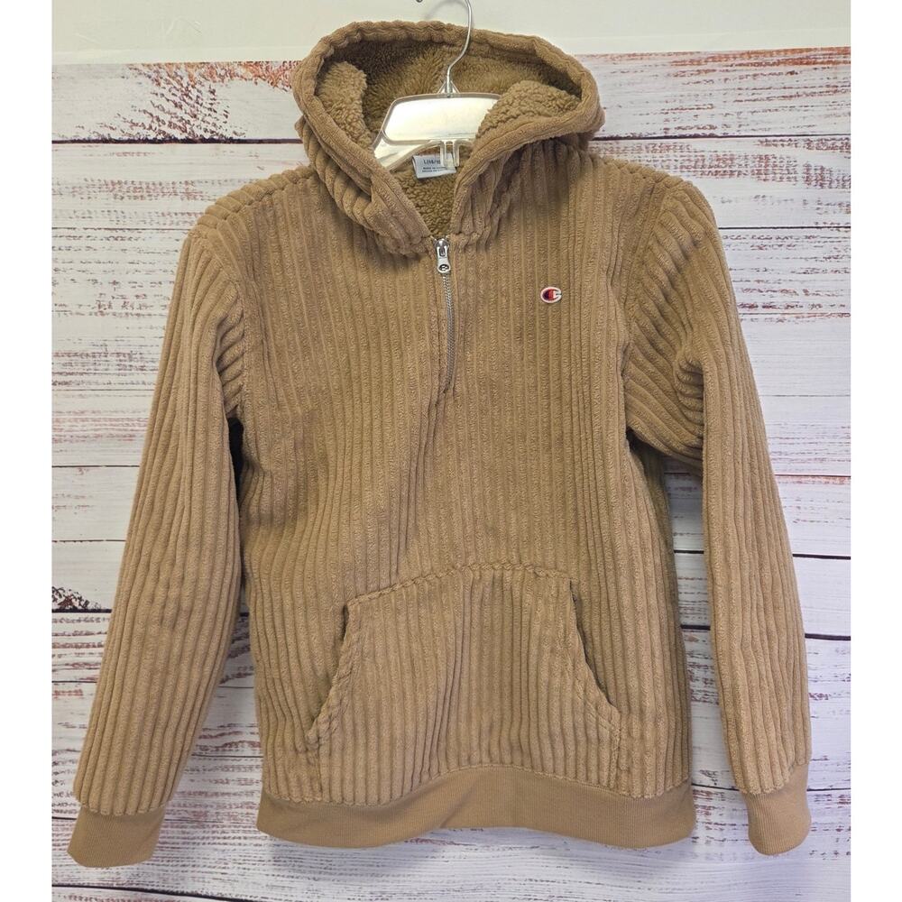 Champion Corduroy Fleece Hoodie 1/4 Zip Khaki Youth Large 14-16 - Picture 2 of 5